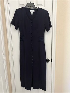 Sophia Rose Navy Midi Dress with Button-Front Detail